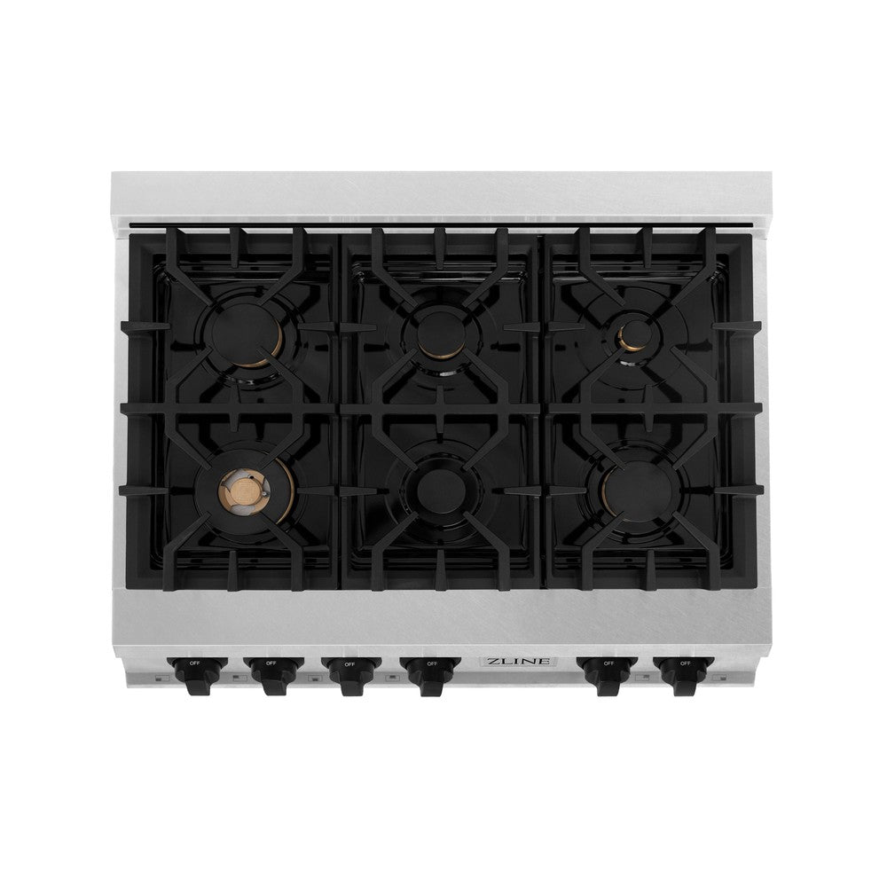 ZLINE Autograph Edition 36 in. Legacy Gas Rangetop with 6 Burners and Porcelain Cooktop in DuraSnow® Stainless Steel with Matte Black Accents (RTSZ-36-MB)