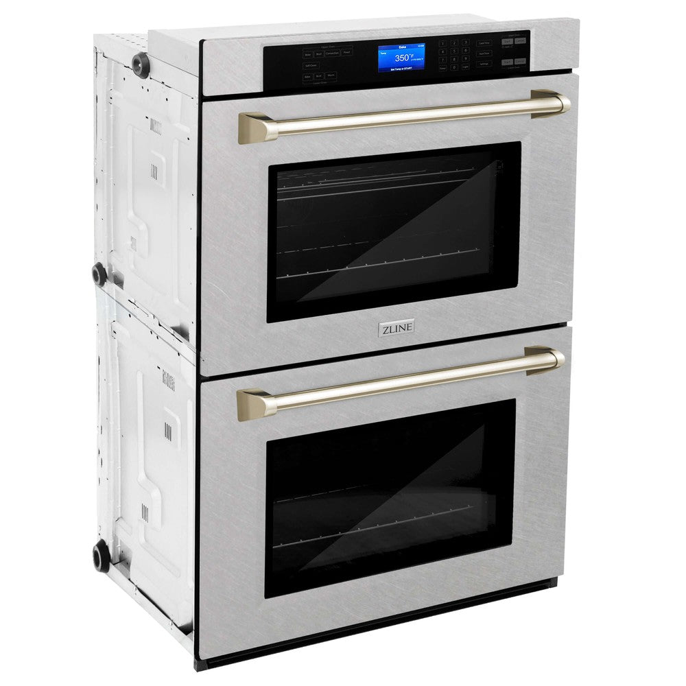 ZLINE Autograph Edition 30 in. Electric Double Wall Oven with Self Clean and True Convection in DuraSnow® Stainless Steel and Polished Gold Accents (AWDSZ-30-G)