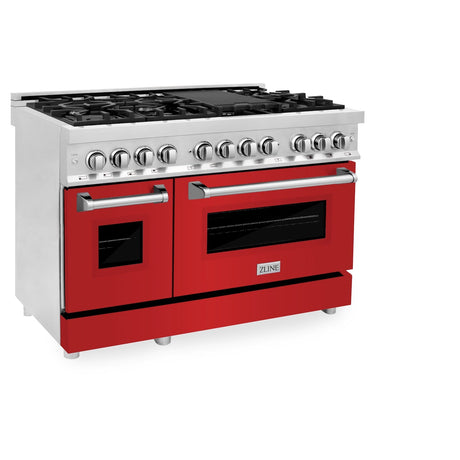 ZLINE 48 in. Professional Dual Fuel Range in Stainless Steel with Red Matte Doors (RA-RM-48)