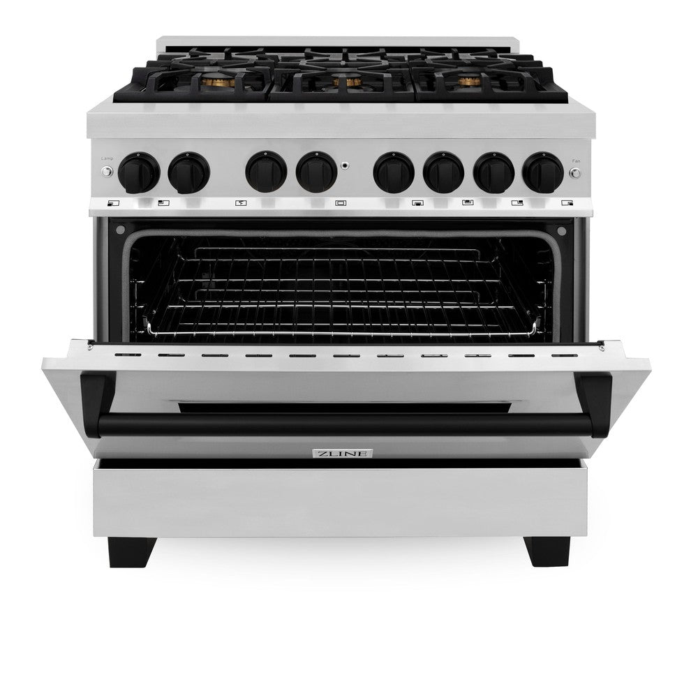 ZLINE Autograph Edition 36 in. 4.6 cu. ft. Legacy Dual Fuel Range with 6 Burner Gas Cooktop and Electric Convection Oven in Stainless Steel and Matte Black Accents (RAZ-36-MB)