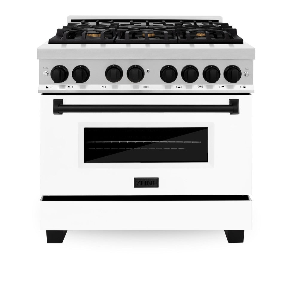ZLINE Autograph Edition 36 in. 4.6 cu. ft. Legacy Dual Fuel Range with 6 Burner Gas Cooktop and Electric Convection Oven in Stainless Steel with White Matte Door and Matte Black Accents (RAZ-WM-36-MB)