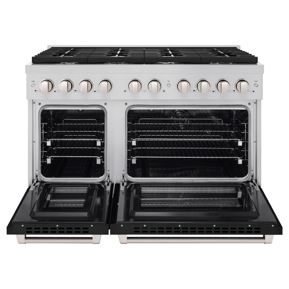 ZLINE 48 in. 6.7 cu. ft. Paramount Double Oven Dual Fuel Range with 8 Burner Gas Cooktop in Stainless Steel with Black Matte Doors (SDR-BLM-48)