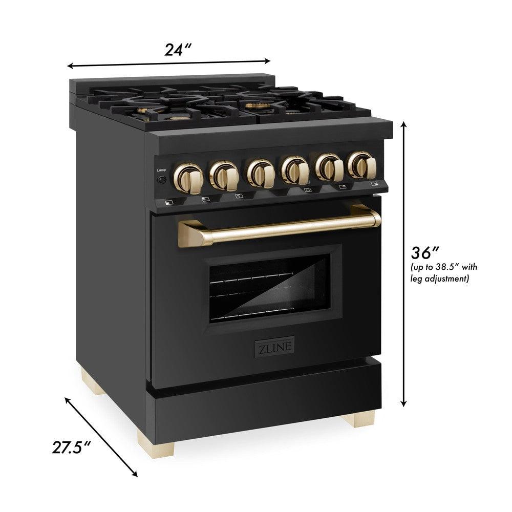 ZLINE Autograph Edition 24 in. 2.8 cu. ft. Dual Fuel Range with Gas Stove and Electric Oven in Black Stainless Steel with Polished Gold Accents (RABZ-24-G)
