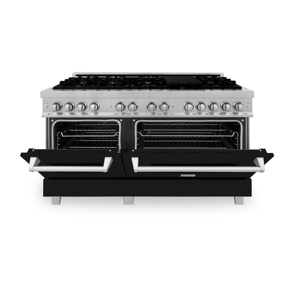ZLINE 60 in. 7.4 cu. ft. Legacy Dual Fuel Range with 9 Burner Gas Cooktop and 2 Electric Convection Ovens in DuraSnow® Stainless Steel and Black Matte Doors (RAS-BLM-60)