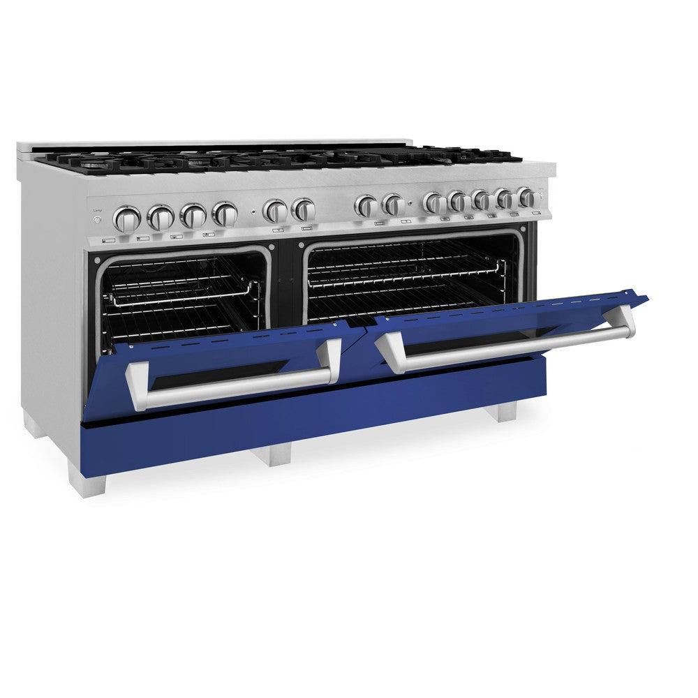 ZLINE 60 in. 7.4 cu. ft. Legacy Dual Fuel Range with 9 Burner Gas Cooktop and 2 Electric Convection Ovens in DuraSnow® Stainless Steel and Blue Matte Doors (RAS-BM-60)