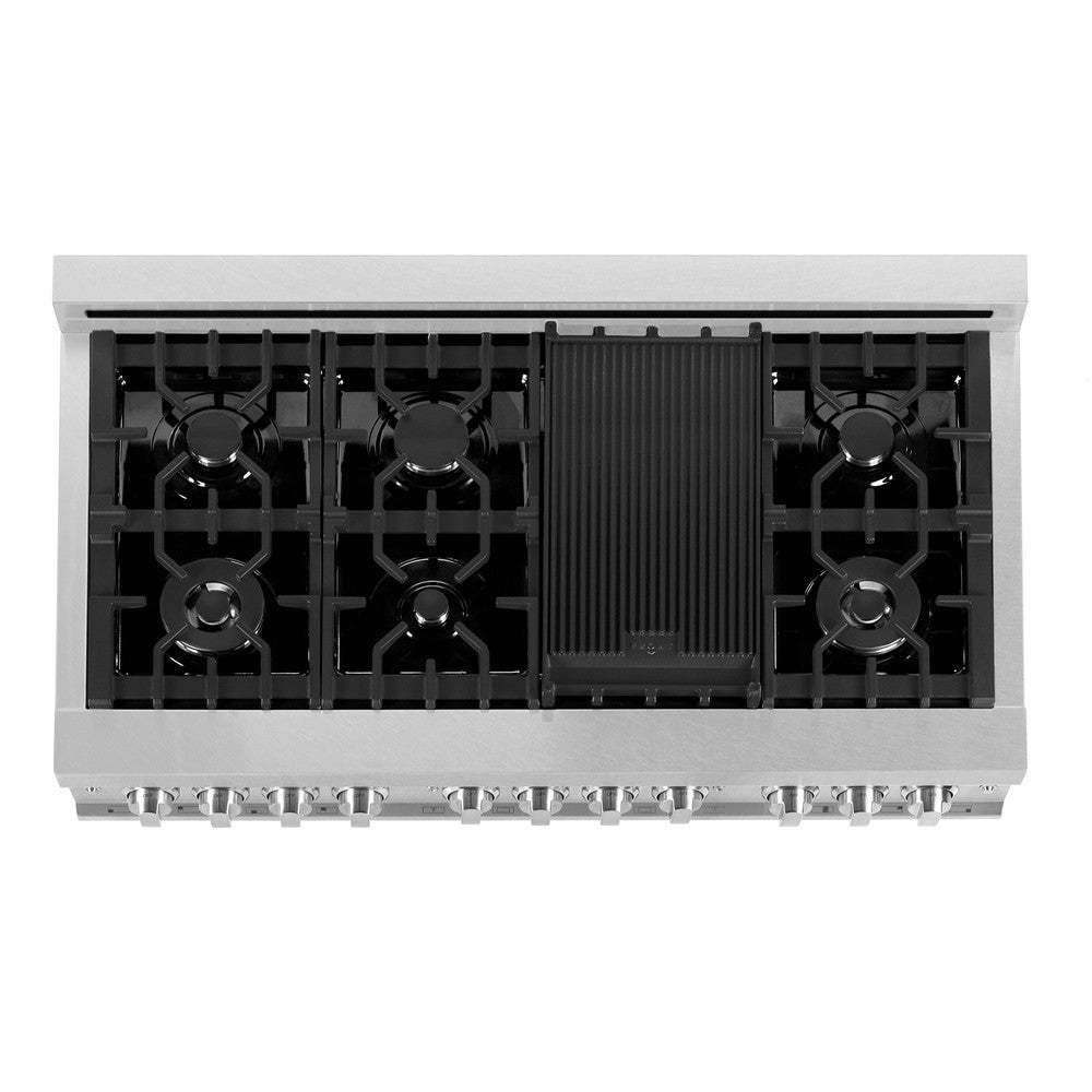 ZLINE 48 in. Kitchen Package with DuraSnow® Stainless Steel Dual Fuel Range with Red Matte Doors and Convertible Vent Range Hood (2KP-RASRMRH48)