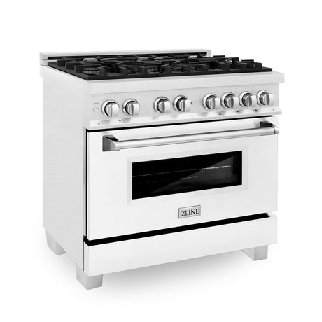 ZLINE 36 in. Kitchen Package with DuraSnow Stainless Steel Dual Fuel Range with White Matte Door and Convertible Vent Range Hood (2KP-RASWMRH36)