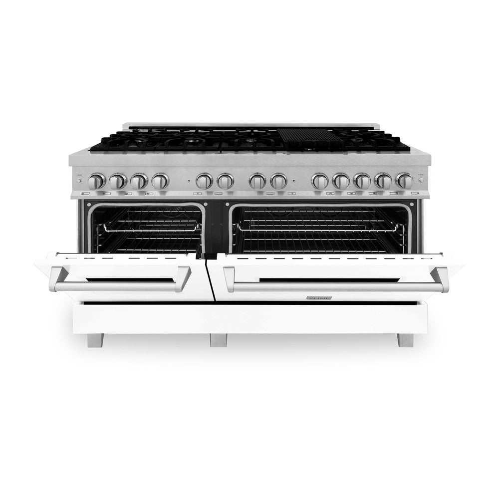 ZLINE 60 in. 7.4 cu. ft. Legacy Dual Fuel Range with 9 Burner Gas Cooktop and 2 Electric Convection Ovens in DuraSnow® Stainless Steel and White Matte Doors (RAS-WM-60)