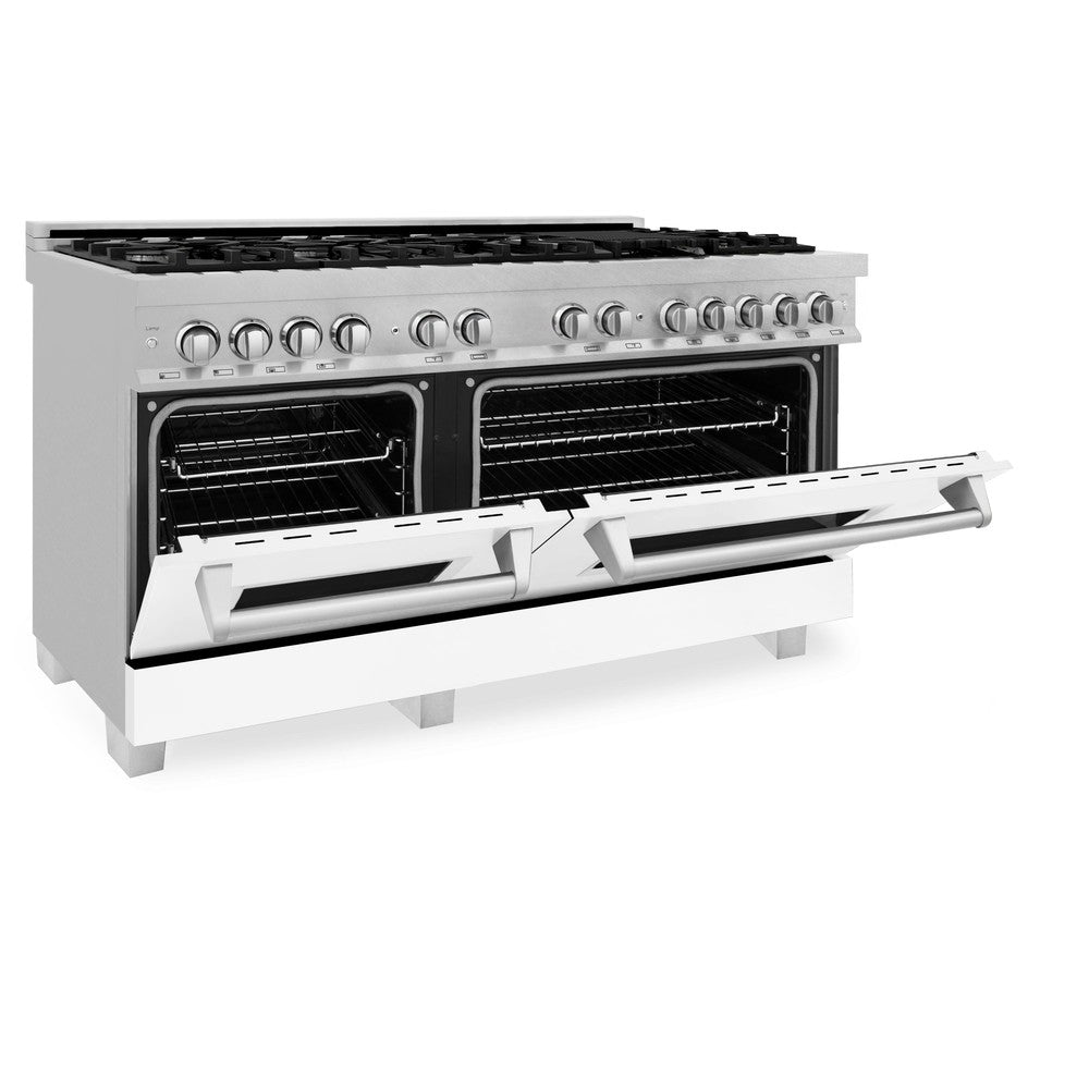 ZLINE 60 in. 7.4 cu. ft. Legacy Dual Fuel Range with 9 Burner Gas Cooktop and 2 Electric Convection Ovens in DuraSnow® Stainless Steel and White Matte Doors (RAS-WM-60)