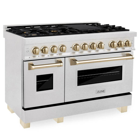 ZLINE Autograph Edition 48 in. 6.0 cu. ft. Dual Fuel Range with Gas Stove and Electric Oven in DuraSnow® Stainless Steel with Polished Gold Accents (RASZ-SN-48-G)-Ranges-RASZ-SN-48-G ZLINE Kitchen and Bath