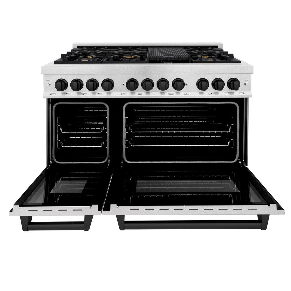 ZLINE Autograph Edition 48 in. 6.0 cu. ft. Legacy Dual Fuel Range with 7 Burner Gas Cooktop and 2 Electric Ovens in DuraSnow® Stainless Steel and Matte Black Accents (RASZ-SN-48-MB)