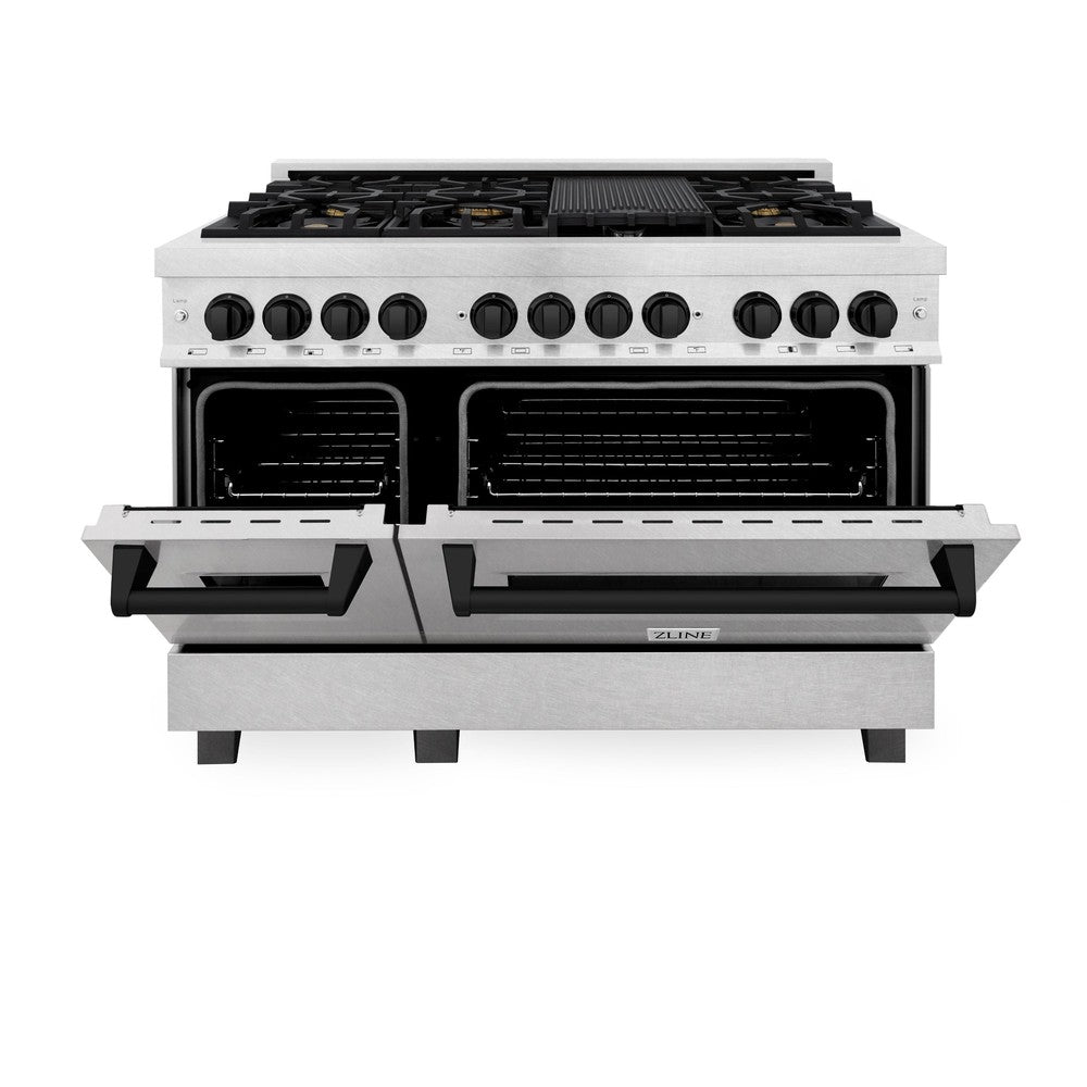 ZLINE Autograph Edition 48 in. 6.0 cu. ft. Legacy Dual Fuel Range with 7 Burner Gas Cooktop and 2 Electric Ovens in DuraSnow® Stainless Steel and Matte Black Accents (RASZ-SN-48-MB)