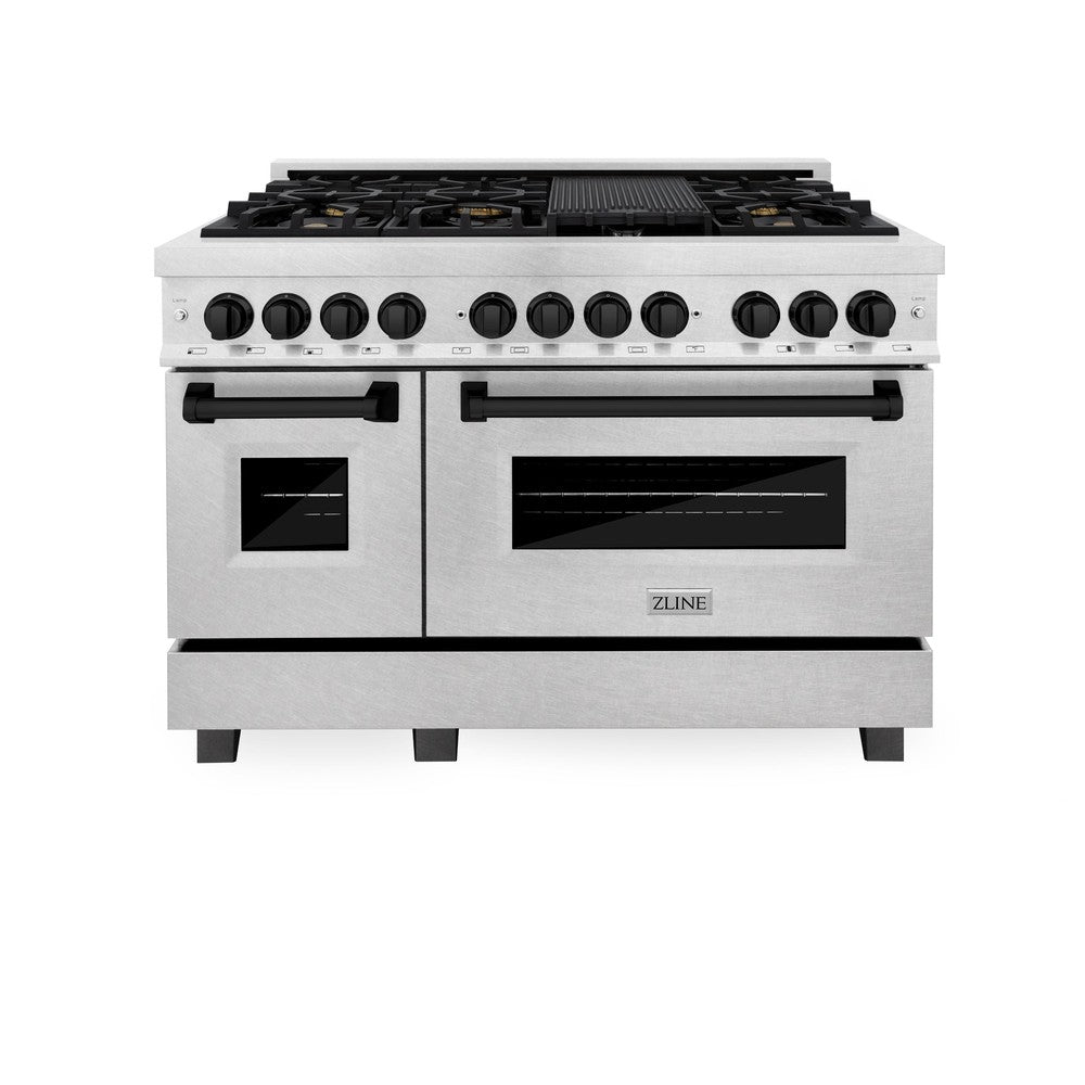 ZLINE Autograph Edition 48 in. 6.0 cu. ft. Legacy Dual Fuel Range with 7 Burner Gas Cooktop and 2 Electric Ovens in DuraSnow® Stainless Steel and Matte Black Accents (RASZ-SN-48-MB)