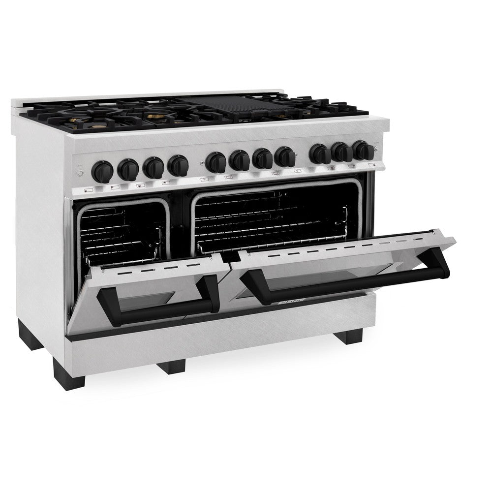 ZLINE Autograph Edition 48 in. 6.0 cu. ft. Legacy Dual Fuel Range with 7 Burner Gas Cooktop and 2 Electric Ovens in DuraSnow® Stainless Steel and Matte Black Accents (RASZ-SN-48-MB)