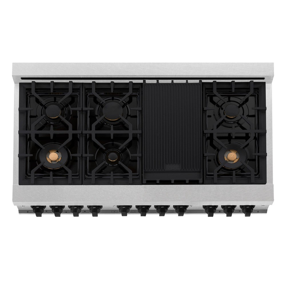 ZLINE Autograph Edition 48 in. 6.0 cu. ft. Legacy Dual Fuel Range with 7 Burner Gas Cooktop and 2 Electric Ovens in DuraSnow® Stainless Steel and Matte Black Accents (RASZ-SN-48-MB)