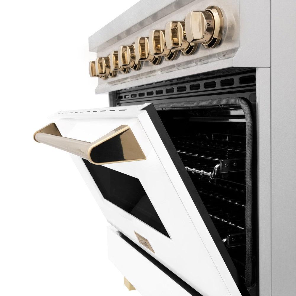 ZLINE Autograph Edition 36 in. 4.6 cu. ft. Legacy Dual Fuel Range with 6 Burner Gas Cooktop and Electric Convection Oven in DuraSnow® Stainless Steel with White Matte Door and Polished Gold Accents (RASZ-WM-36-G)