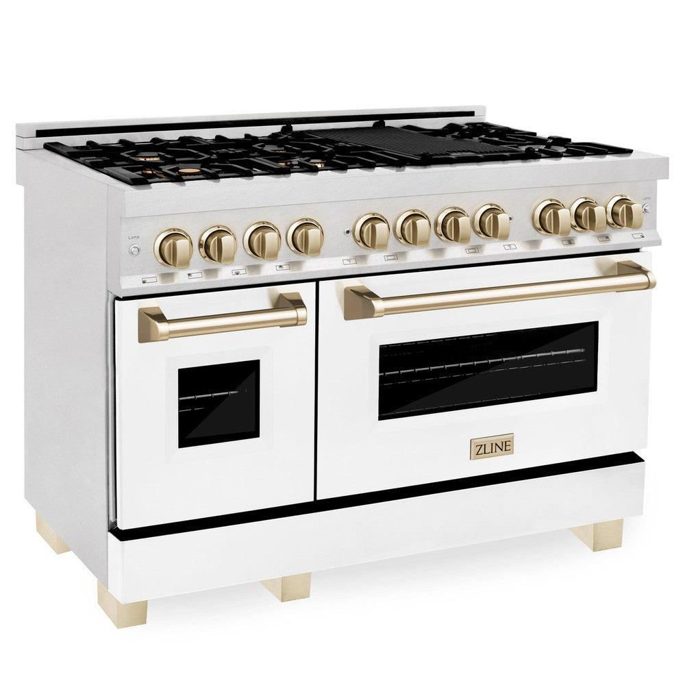 ZLINE Autograph Edition 48 in. 6.0 cu. ft. Legacy Dual Fuel Range with 7 Burner Gas Cooktop and 2 Electric Ovens in Satin Stainless Steel with White Matte Doors and Polished Gold Accents (RASZ-WM-48-G)