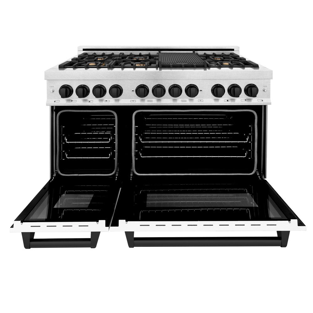 ZLINE Autograph Edition 48 in. 6.0 cu. ft. Legacy Dual Fuel Range with 7 Burner Gas Cooktop and 2 Electric Ovens in DuraSnow® Stainless Steel with White Matte Doors and Matte Black Accents (RASZ-WM-48-MB)