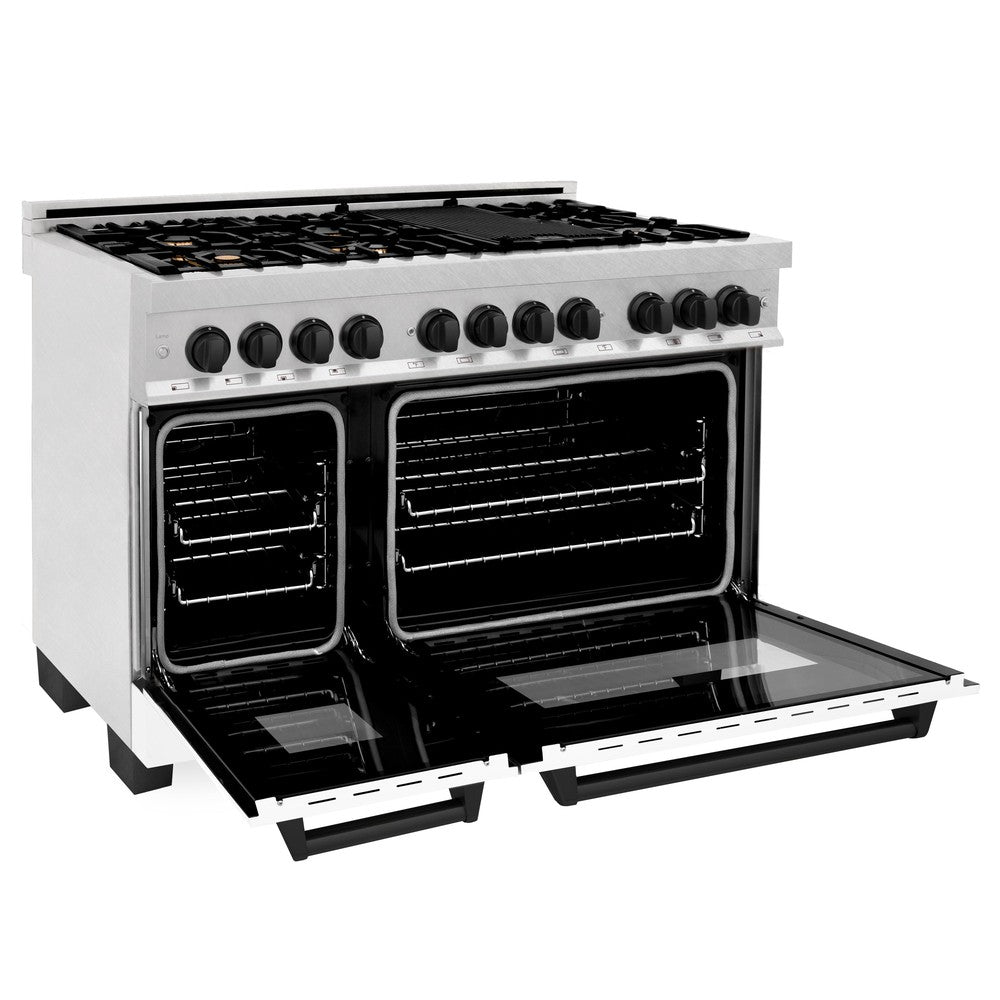 ZLINE Autograph Edition 48 in. 6.0 cu. ft. Legacy Dual Fuel Range with 7 Burner Gas Cooktop and 2 Electric Ovens in DuraSnow® Stainless Steel with White Matte Doors and Matte Black Accents (RASZ-WM-48-MB)