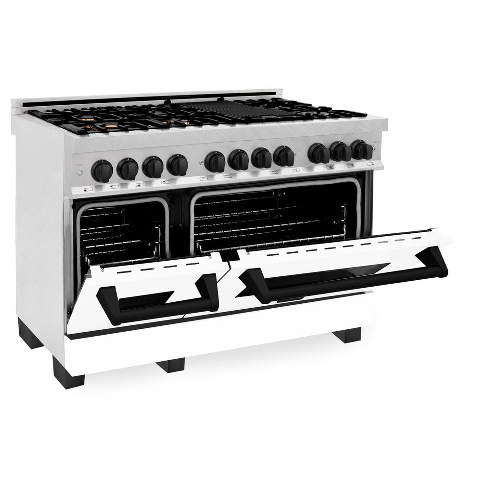 ZLINE Autograph Edition 48 in. 6.0 cu. ft. Legacy Dual Fuel Range with 7 Burner Gas Cooktop and 2 Electric Ovens in DuraSnow® Stainless Steel with White Matte Doors and Matte Black Accents (RASZ-WM-48-MB)
