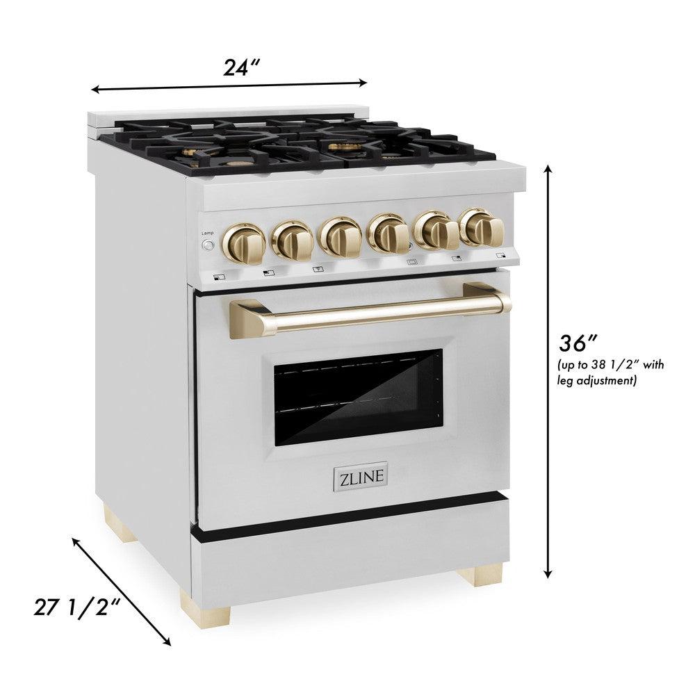 ZLINE Autograph Edition 24 in. 2.8 cu. ft. Dual Fuel Range with Gas Stove and Electric Oven in Stainless Steel with Polished Gold Accents (RAZ-24-G)