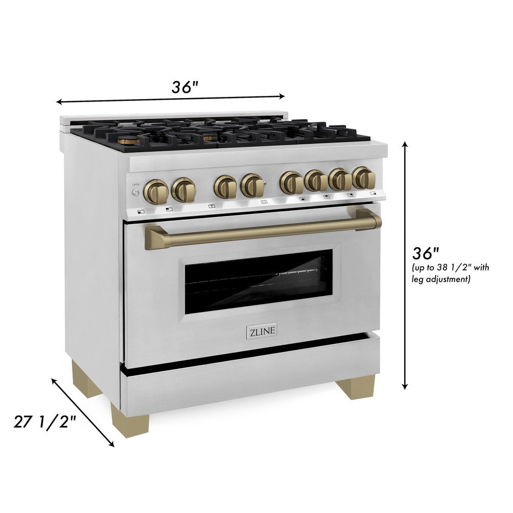 ZLINE Autograph Edition 36 in. 4.6 cu. ft. Legacy Dual Fuel Range with 6 Burner Gas Cooktop and Electric Convection Oven in Stainless Steel and Champagne Bronze Accents (RAZ-36-CB)