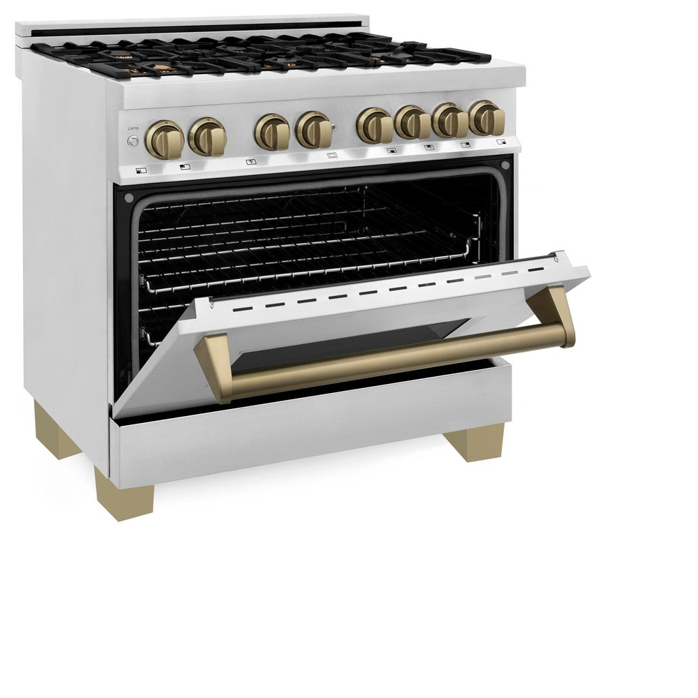 ZLINE Autograph Edition 36 in. Kitchen Package with Stainless Steel Dual Fuel Range, Range Hood, Dishwasher and Refrigerator with Champagne Bronze Accents (4KAPR-RARHDWM36-CB)