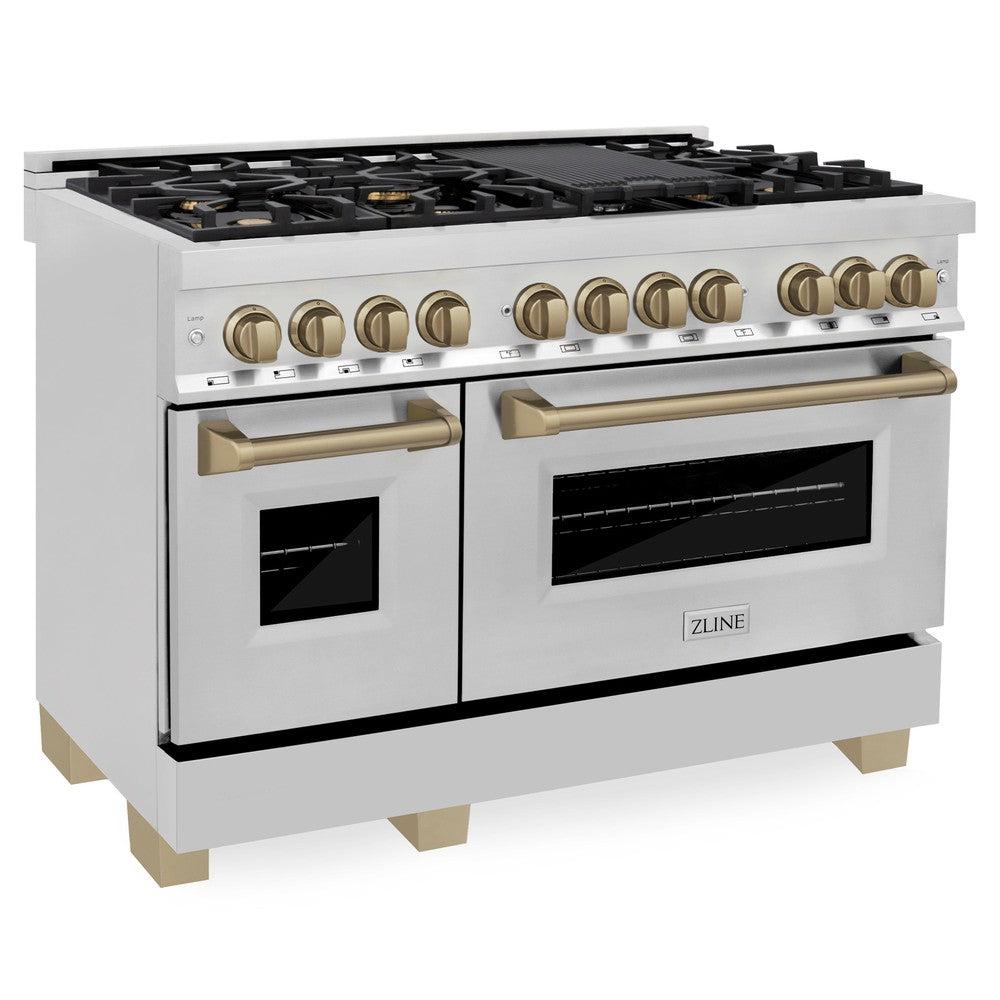 ZLINE Autograph Edition 48 in. Kitchen Package with Stainless Steel Dual Fuel Range and Range Hood with Champagne Bronze Accents (2AKP-RARH48-CB)