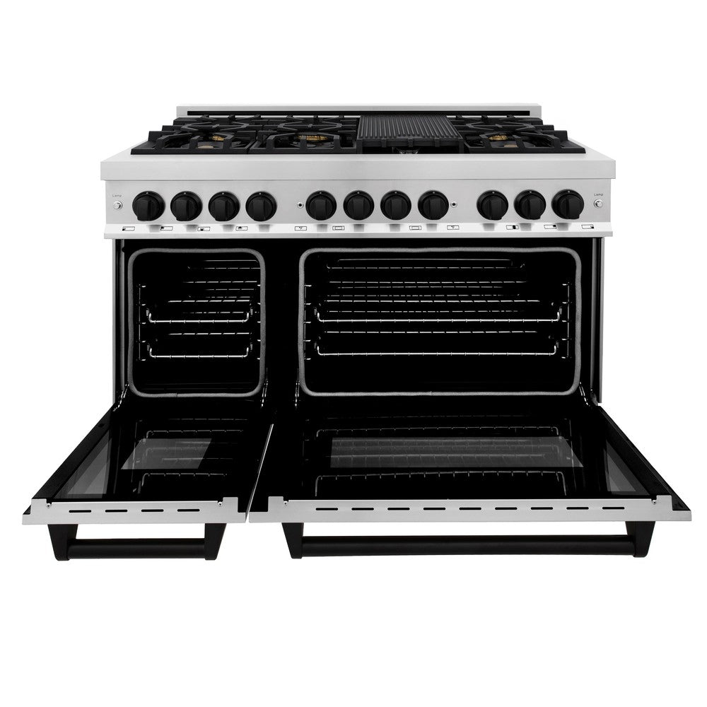 ZLINE Autograph Edition 48 in. 6.0 cu. ft. Legacy Dual Fuel Range with 7 Burner Gas Cooktop and 2 Electric Ovens in Stainless Steel and Matte Black Accents (RAZ-48-MB)