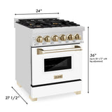 ZLINE Autograph Edition 24 in. 2.8 cu. ft. Dual Fuel Range with Gas Stove and Electric Oven in Stainless Steel with White Matte Door and Polished Gold Accents (RAZ-WM-24-G)