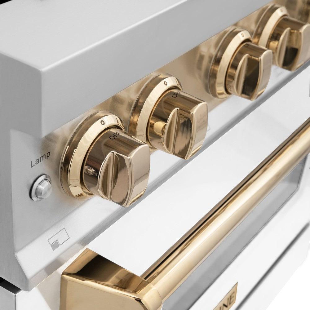 ZLINE Autograph Edition 36 in. 4.6 cu. ft. Legacy Dual Fuel Range with 6 Burner Gas Cooktop and Electric Convection Oven in Stainless Steel with White Matte Door and Polished Gold Accents (RAZ-WM-36-G)