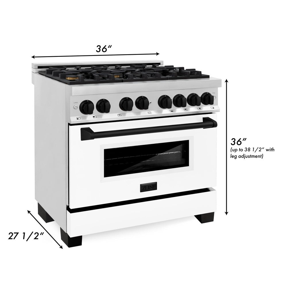 ZLINE Autograph Edition 36 in. 4.6 cu. ft. Legacy Dual Fuel Range with 6 Burner Gas Cooktop and Electric Convection Oven in Stainless Steel with White Matte Door and Matte Black Accents (RAZ-WM-36-MB)
