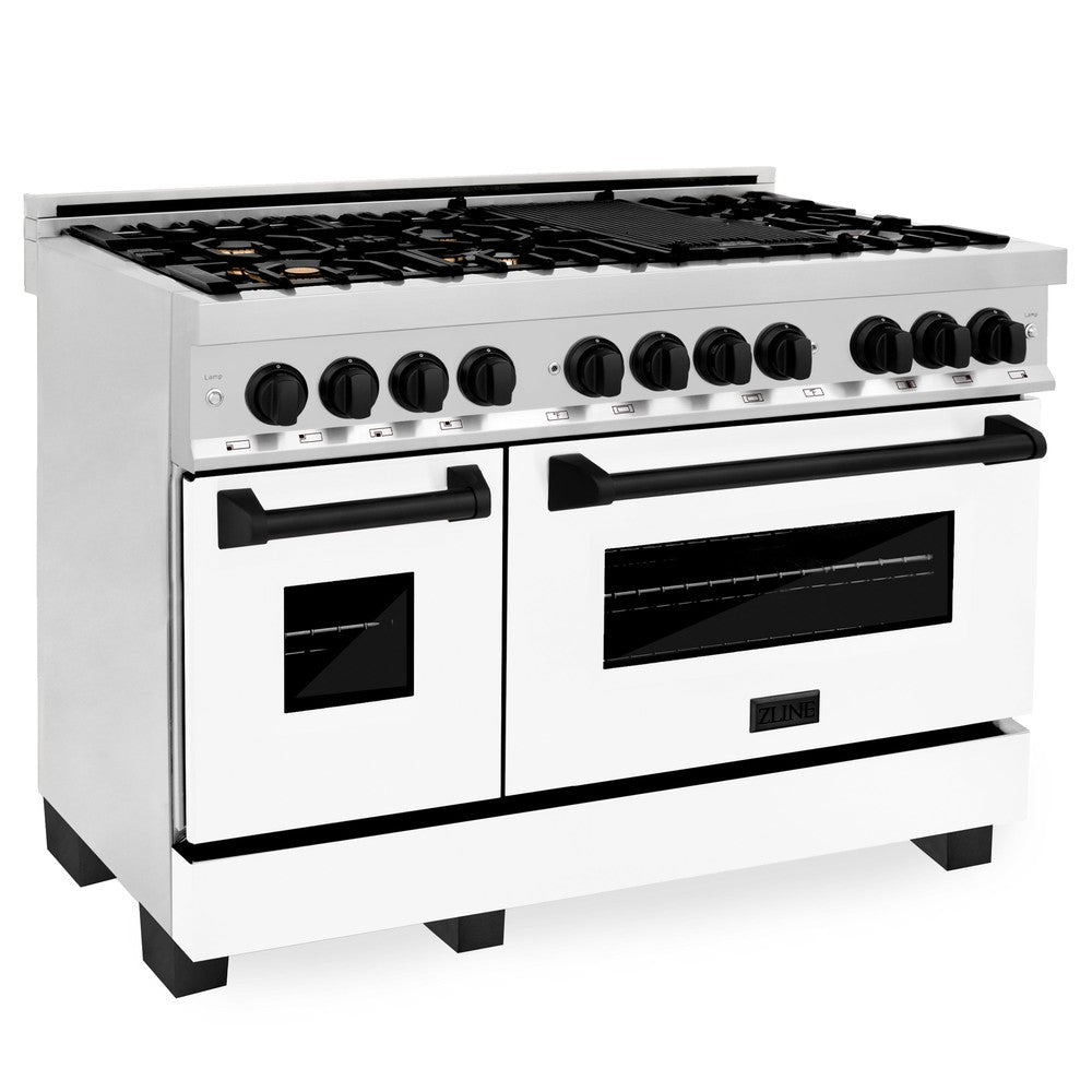 ZLINE Autograph Edition 48 in. Kitchen Package with Stainless Steel Dual Fuel Range with White Matte Door and Range Hood with Matte Black Accents (2AKP-RAWMRH48-MB)