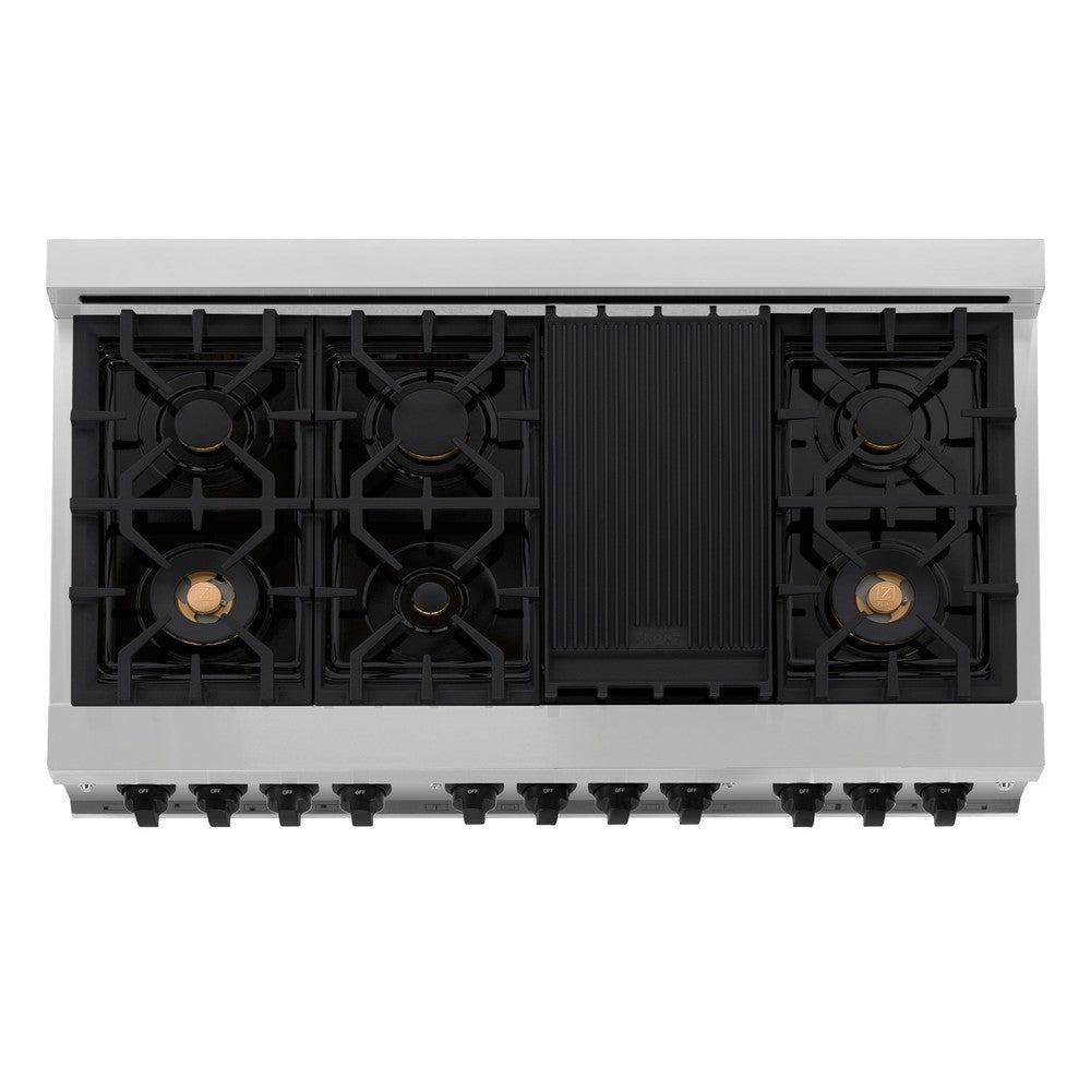 ZLINE Autograph Edition 48 in. 6.0 cu. ft. Legacy Dual Fuel Range with 7 Burner Gas Cooktop and 2 Electric Ovens in Stainless Steel with White Matte Doors and Matte Black Accents (RAZ-WM-48-MB)