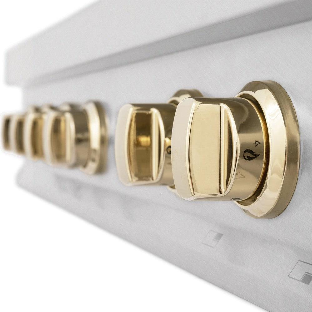 ZLINE Autograph Edition 48 in. Porcelain Rangetop with 7 Gas Burners in DuraSnow® Stainless Steel and Polished Gold Accents (RTSZ-48-G)