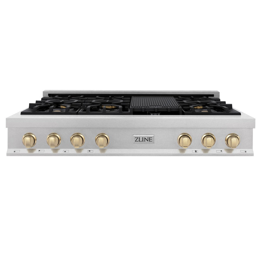 ZLINE Autograph Edition 48 in. Legacy Gas Rangetop with 7 Burners and Porcelain Cooktop in DuraSnow® Stainless Steel with Polished Gold Accents (RTSZ-48-G)
