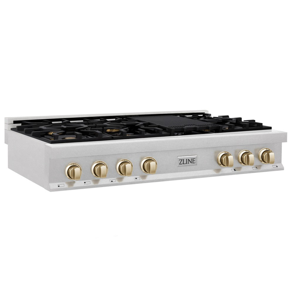 ZLINE Autograph Edition 48 in. Legacy Gas Rangetop with 7 Burners and Porcelain Cooktop in Satin Stainless Steel with Polished Gold Accents (RTSZ-48-G) side.