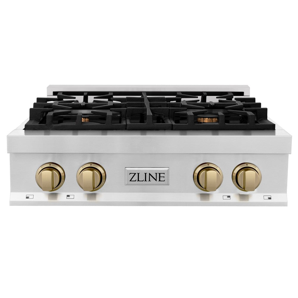 ZLINE Autograph Edition 30 in. Legacy Gas Rangetop with 4 Burners and Porcelain Cooktop in Stainless Steel with Champagne Bronze Accents (RTZ-30-CB)
