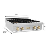 ZLINE Autograph Edition 30 in. Porcelain Rangetop with 4 Gas Burners in Stainless Steel and Polished Gold Accents (RTZ-30-G)