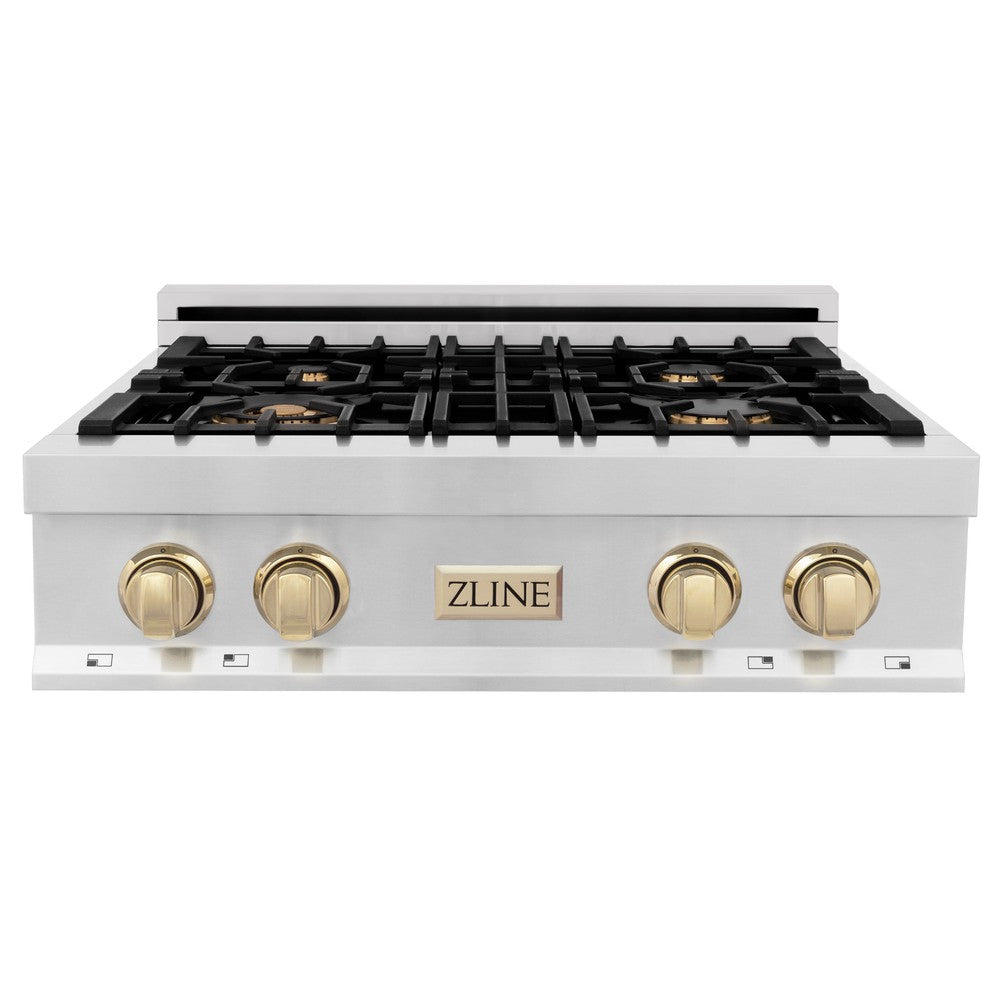 ZLINE Autograph Edition 30 in. Legacy Gas Rangetop with 4 Burners and Porcelain Cooktop in Stainless Steel with Polished Gold Accents (RTZ-30-G)