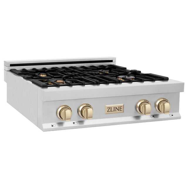 ZLINE Autograph Edition 30 in. Porcelain Rangetop with 4 Gas Burners in Stainless Steel and Polished Gold Accents (RTZ-30-G)-Cooktops-RTZ-30-G ZLINE Kitchen and Bath