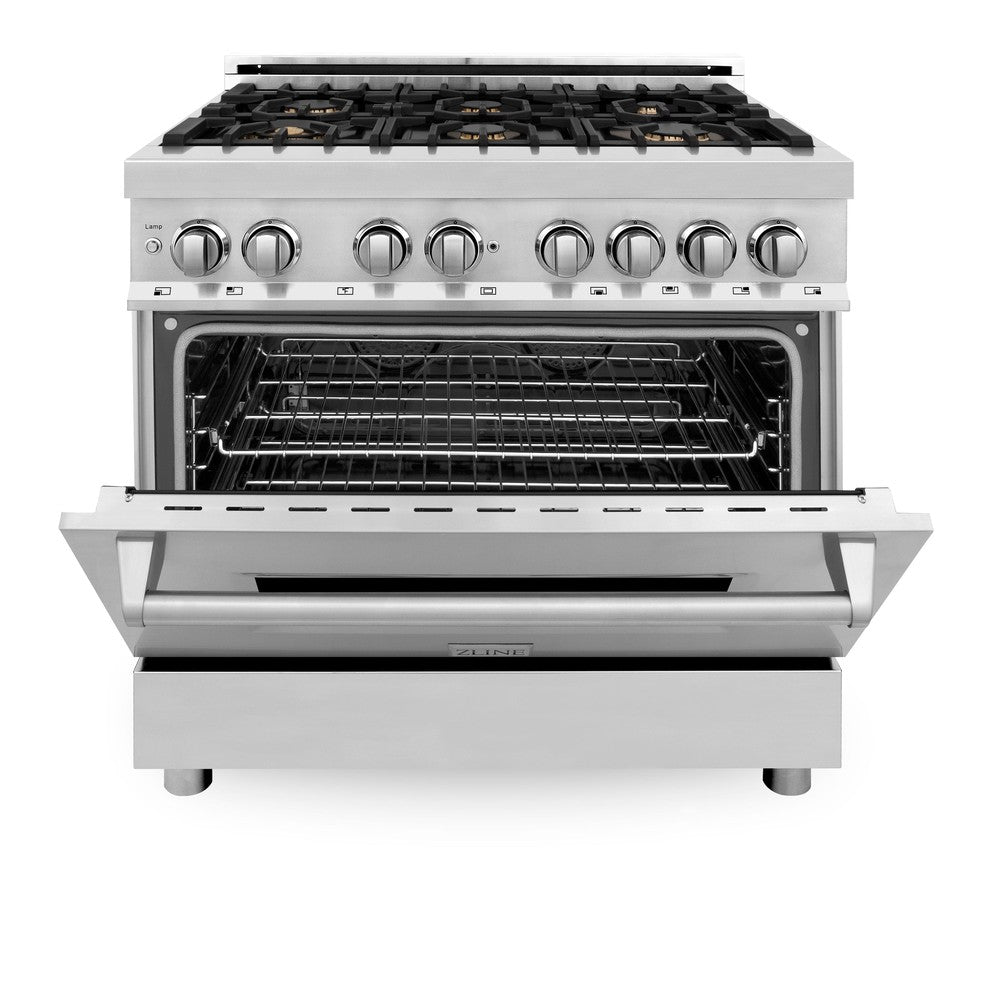 ZLINE 36 in. 4.6 cu. ft. Legacy Dual Fuel Range with Gas Cooktop and Electric Convection Oven in Stainless Steel with 6 Brass Burners (RA-BR-36)