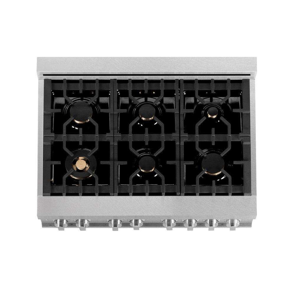 ZLINE 36 in. 4.6 cu. ft. Legacy Dual Fuel Range with Gas Cooktop and Electric Convection Oven in DuraSnow® Stainless Steel with 6 Brass Burners (RAS-SN-BR-36)