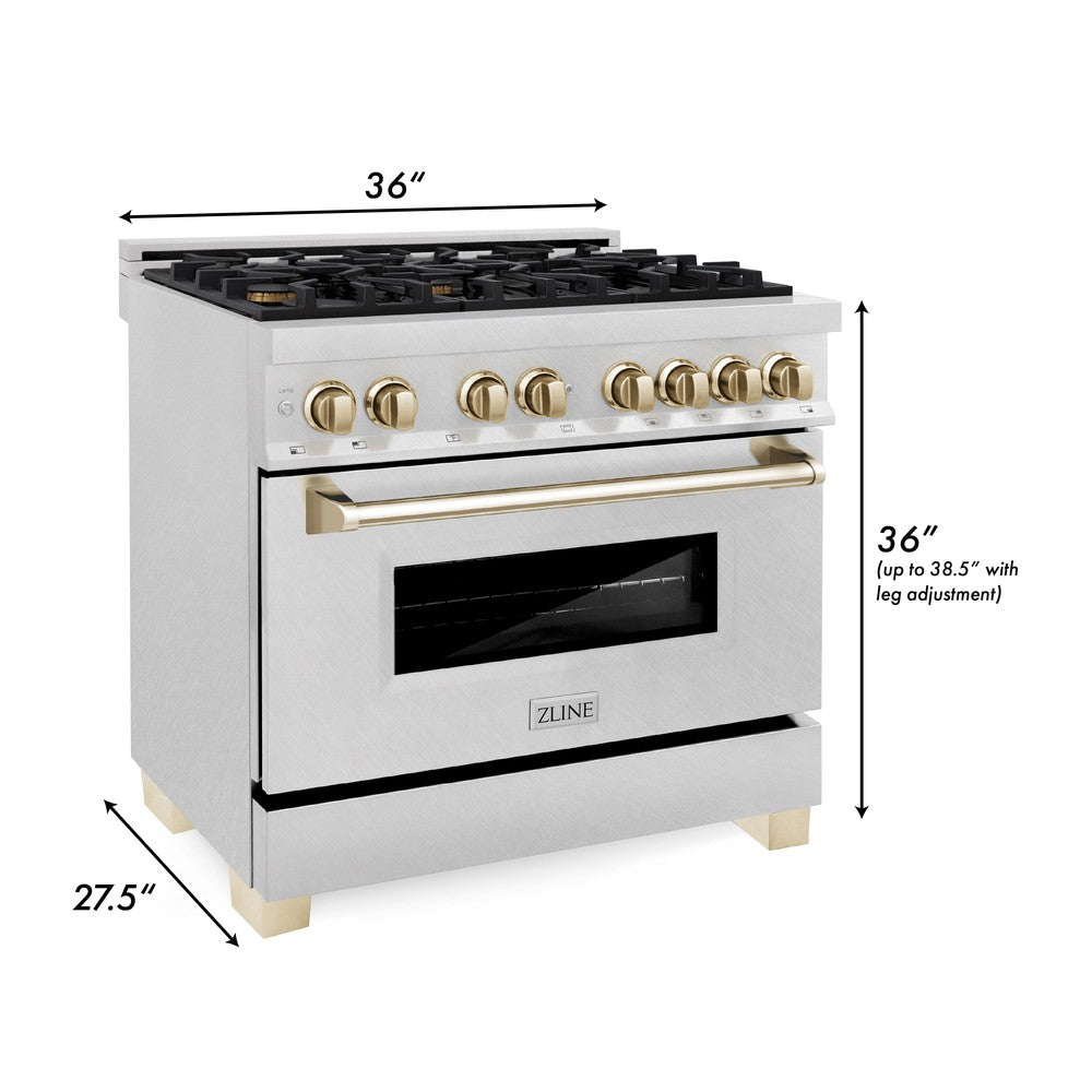 ZLINE Autograph Edition 36 in. 4.6 cu. ft. Legacy Dual Fuel Range with 6 Burner Gas Cooktop and Electric Convection Oven in DuraSnow® Stainless Steel and Polished Gold Accents (RASZ-SN-36-G)