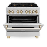 ZLINE Autograph Edition 36 in. 4.6 cu. ft. Dual Fuel Range with Gas Stove and Electric Oven in DuraSnow® Stainless Steel with Polished Gold Accents (RASZ-SN-36-G)