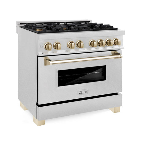 ZLINE Autograph Edition 36 in. 4.6 cu. ft. Dual Fuel Range with Gas Stove and Electric Oven in DuraSnow® Stainless Steel with Polished Gold Accents (RASZ-SN-36-G)-Ranges-RASZ-SN-36-G ZLINE Kitchen and Bath