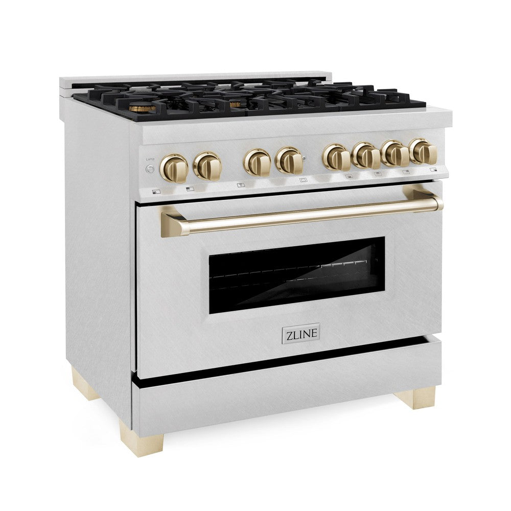 ZLINE Autograph Edition 36 in. 4.6 cu. ft. Legacy Dual Fuel Range with 6 Burner Gas Cooktop and Electric Convection Oven in Satin Stainless Steel and Polished Gold Accents (RASZ-SN-36-G)