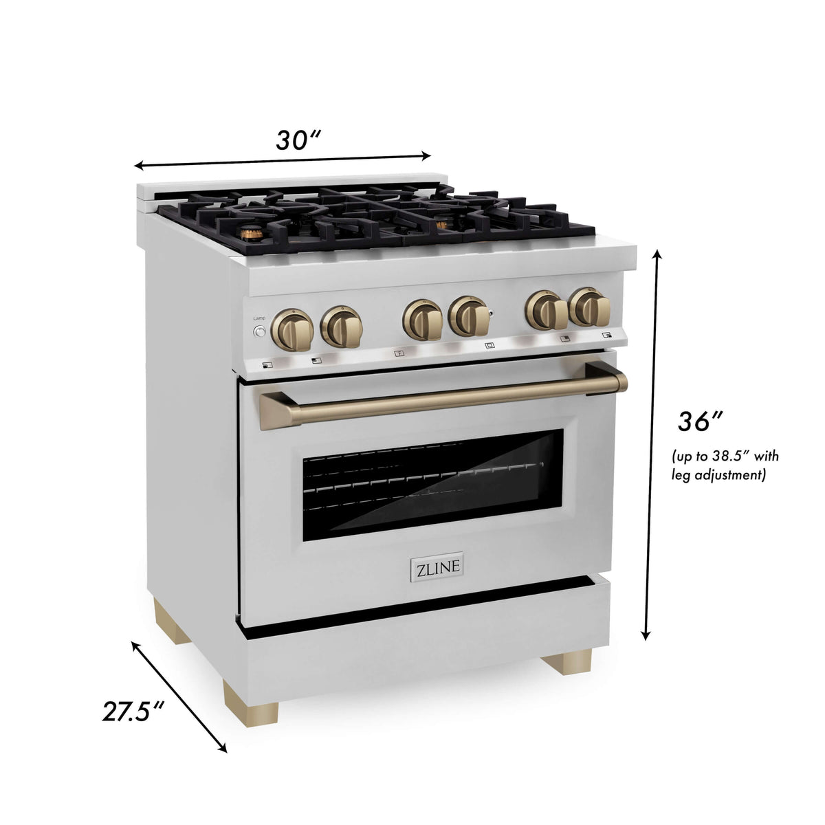 ZLINE Autograph Edition 30 in. Kitchen Package with Stainless Steel Dual Fuel Range, Range Hood, Dishwasher and Refrigerator with Champagne Bronze Accents (4KAPR-RARHDWM30-CB)