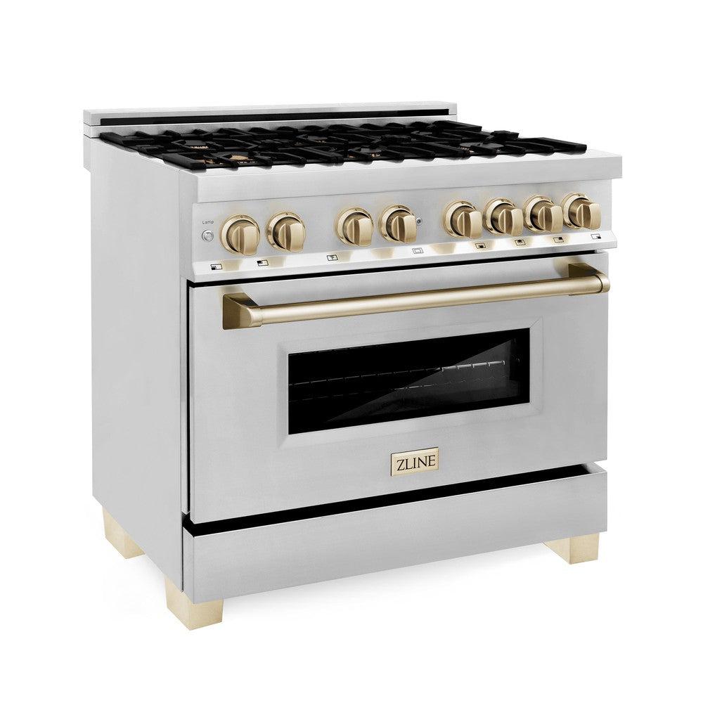 ZLINE Autograph Edition 36 in. Kitchen Package with Stainless Steel Dual Fuel Range, Range Hood, Dishwasher and Refrigerator with Polished Gold Accents (4KAPR-RARHDWM36-G)