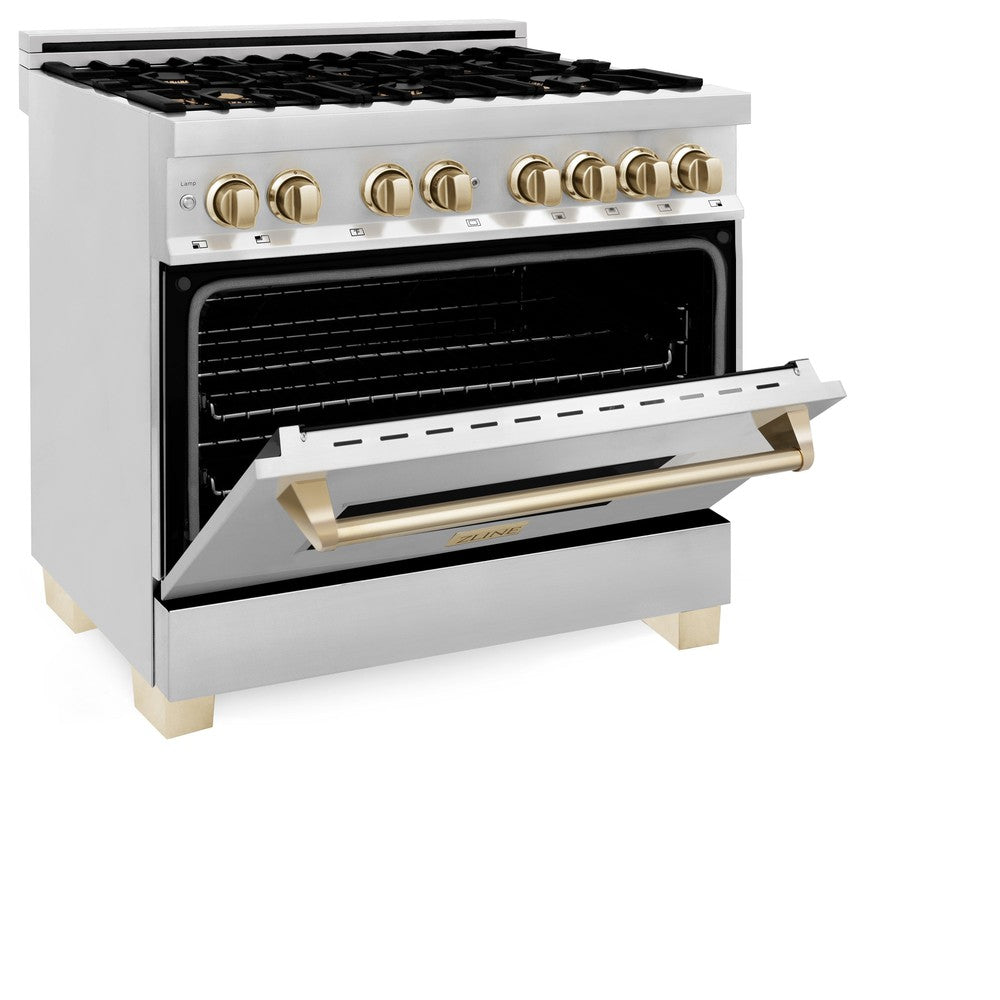 ZLINE Autograph Edition 36 in. Kitchen Package with Stainless Steel Dual Fuel Range, Range Hood, Dishwasher and Refrigerator with Polished Gold Accents (4KAPR-RARHDWM36-G)
